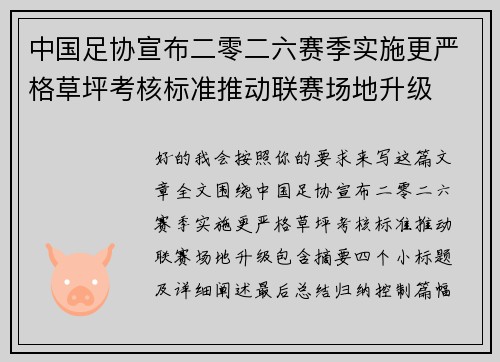 中国足协宣布二零二六赛季实施更严格草坪考核标准推动联赛场地升级